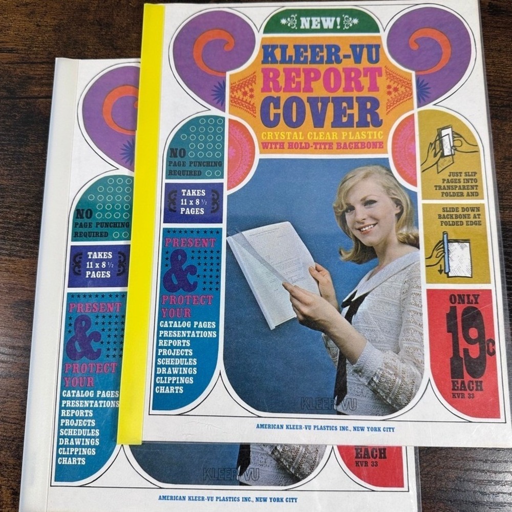Kleer-Vu Report Cover Vintage 11x8.5 Clear Yellow New Old Stock Retro KVR 33